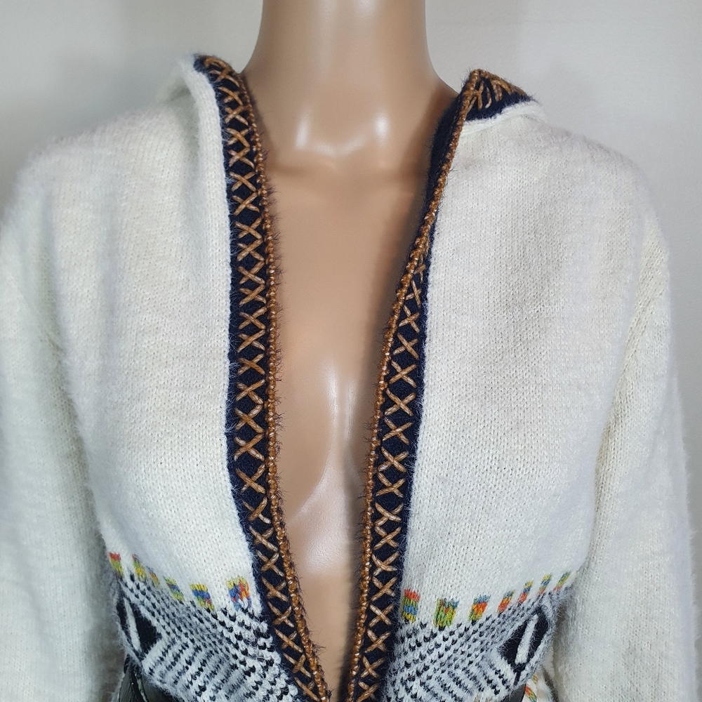 NWOT  longline Cardigan stripe knit  white brown size 6/8 . w" hoodie wool blend - Picture 5 of 9